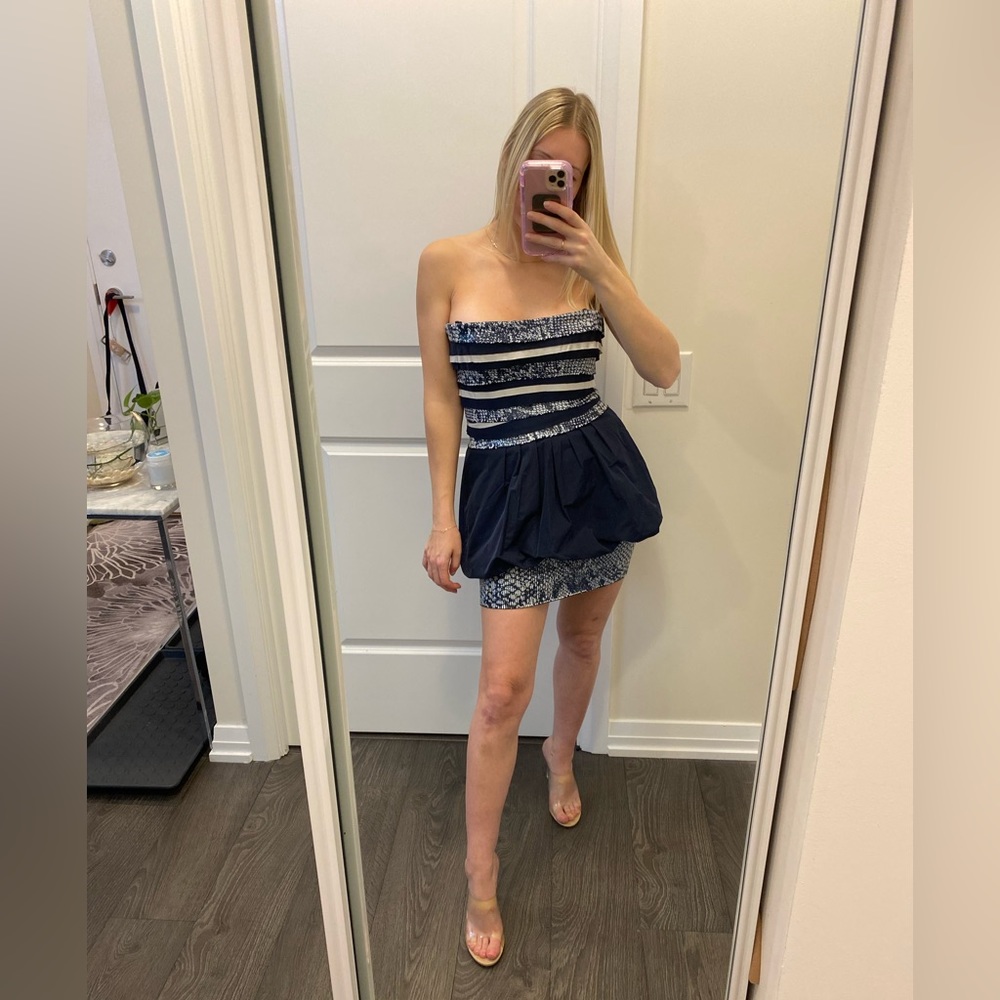 Sparkly blue and silver cocktail dress by BCBG